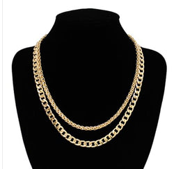 Two Layer Metal Gold Chain Necklace and Ball Post Earring Set