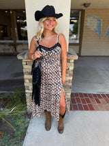 Boots & All Black & Tan Tank Midi Dress w/Black Lace Trim, Smocking and Adjustable Straps