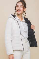 Black & White Reversible Faux Sherpa Fleece & Puffer Hooded Jacket w/Zipper & Pockets