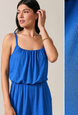 Cobalt Blue Ribbed Texture Wide Leg Adjustable Spaghetti Strap Midi Jumper w/Pockets