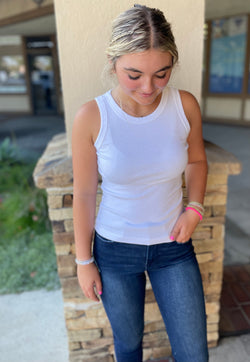 White Round Neck Ribbed Tank