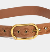 Brown Embroidered Design Belt w/Gold Oval Buckle