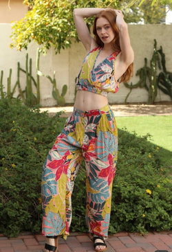Miami Beach Tropical Design Wide Leg, Lace Inserts and Smocked Waist Pants by Angie