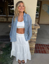 Light Denim Blue Sheer Long Sleeve Button Down Top