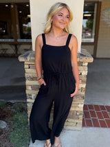 Black Flowy Leg Tank Jumper w/Drawstring Waist, Adjustable Straps and Pockets