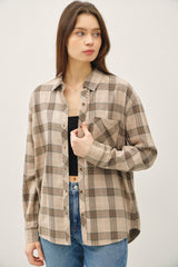 Mushroom Plaid Soft Button Down Flannel Top