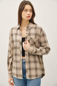 Mushroom Plaid Soft Button Down Flannel Top