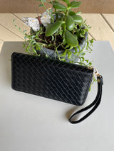 Black Weaved Wallet w/Zipper & Wristlet Strap