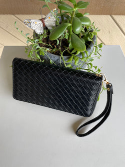 Black Weaved Wallet w/Zipper & Wristlet Strap