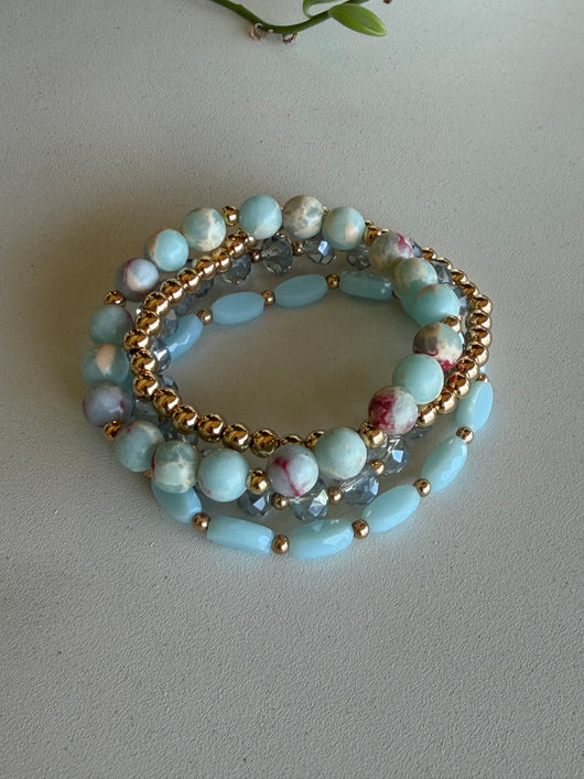 Aqua Blue & Gold Set of 4 Stretch Beaded Bracelets