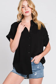 Black Relaxed Button Down Short Sleeve Top