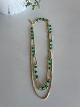 Gold Chain Link & Emerald Green Beads Layered Necklace