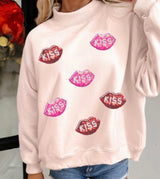 Sequins Kiss Lips Pink Mock Neck Valentines Sweater Top