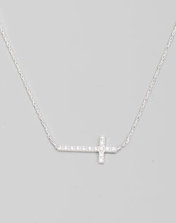 Silver & CZ Rhinestone Sideways Cross Necklace