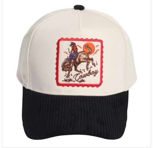 Cowboy Patch Cream & Black Corduroy Brim Trucker Hat w/Adjustable Snap Fit