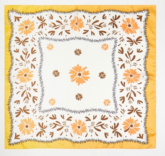 Golden Flower Print Square Silk Scarf