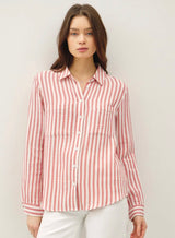 Coral & White Stripe Button Down Top w/Front Pockets