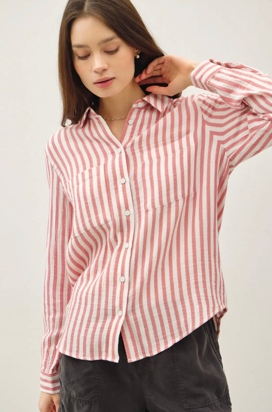 Coral & White Stripe Button Down Top w/Front Pockets