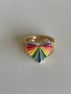 Rainbow Heart Shape Gold Size 7 Band Ring