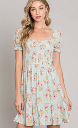 Seafoam Sweetheart Neck Puff Sleeve Pink Floral Mini Dress