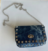 Blue Denim Wash W/Silver Star Detail Chain Crossbody Purse