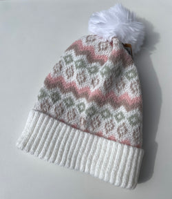 Ivory & Pink Diamond Design Pom Pom Beanie