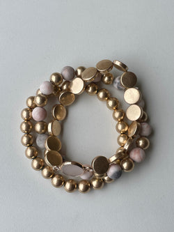 Light Pink & Gold Mixed Beaded Set of 3 Stretch Bracelets