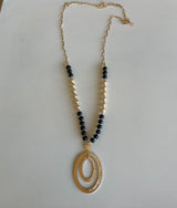 Satin Black & Gold Beaded Long Necklace w/Oval Pendant