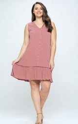 Rose Pink Flowy Summer Plus Size Dress w/Pockets and Ruffle Hem