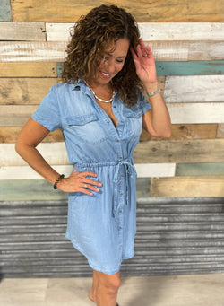 Medium Wash Denim 100% Tencel Shirt Dress w/Tie Waist