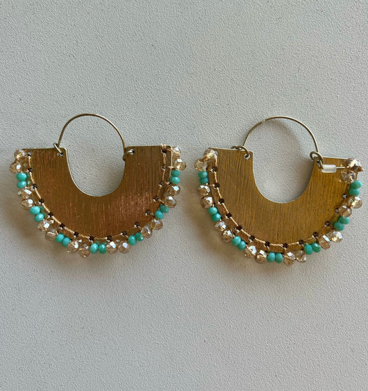 Gold & Turquoise Beads Half Circle Earrings