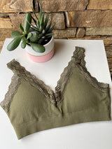 Olive Green Ribbed Bralette w/Lace Trim & Removable Padding