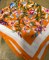 Butterfly & Floral Vibrant Print Orange Square Scarf