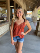 Rust Lace Silk Shadow Stripe Cami Top w/Adjustable Straps
