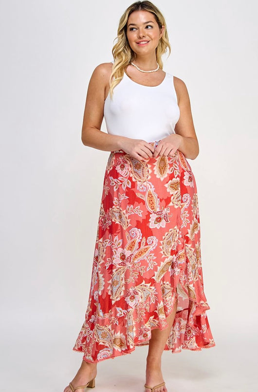 Pink Paisley Asymmetrical Skirt w/Ruffle Hem & Elastic Waistband