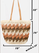 Neutral Tones Straw Braided Tote Bag w/Zipper & Inner Pockets