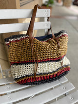 Natural, Red & Navy Stripe Straw Beach Bag w/Brown Straps & Zipper Closure