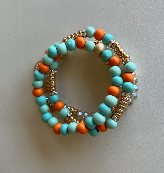 Turquoise & Orange Set of 4 Stretch Beaded Bracelets