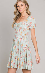 Seafoam Sweetheart Neck Puff Sleeve Pink Floral Mini Dress