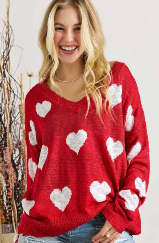 Lovely White Heart Lightweight Knit Red V-Neck Sweater