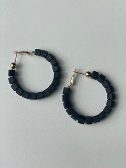 Black Square Shape Clay Bead Hoop Earrings