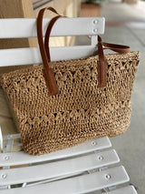Tan Straw Beach Tote Bag w/Brown Straps & Zipper Closure