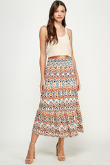 Multi-Color Boho Print Maxi Skirt W/Smocked Waist and Lining