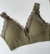 Olive Green Ribbed Bralette w/Lace Trim & Removable Padding