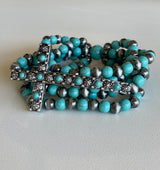Silver & Turquoise Stretch Beaded Bracelets w/Cross
