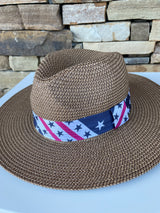 Natural Brown Sun Hat W/Stars & Stripes Band and Adjustable Fit