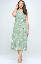 Light Olive Green Floral Print Plus Size Woven Dress w/Wrap Top & Tie Belt
