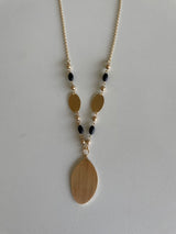 Long Gold Necklace w/Oval Gold Plates and Black Wood Beads