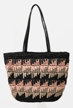 Black, Pink & Taupe Straw Braided Tote Bag w/Zipper & Inner Pockets
