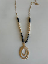 Satin Black & Gold Beaded Long Necklace w/Oval Pendant